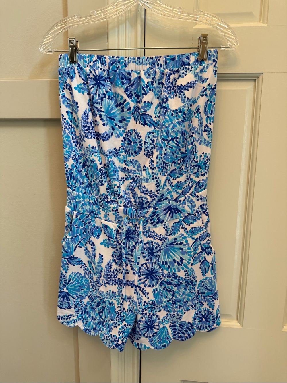 Lilly Pulitzer Blue and White Floral Strapless Romper with Scalloped Hem